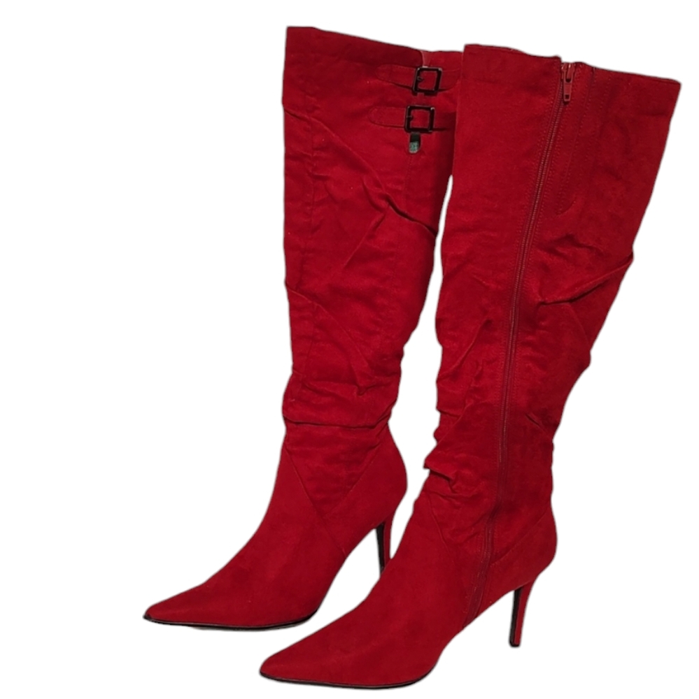 Red Pierre Dumas Heeled Faux Suede Knee High Boots with Side Zipper sz 9